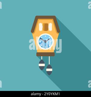 Cuckoo clock telling time with its hands and bird weights, casting a long shadow over a teal background Stock Vector