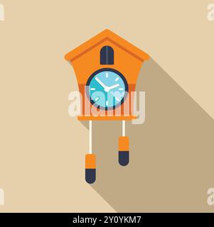Minimalist vector illustration of a cuckoo clock hanging on a wall, featuring a long shadow Stock Vector