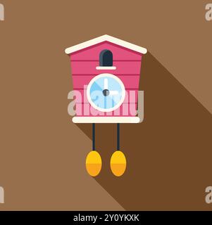 Pink cuckoo clock with yellow weights is hanging on a brown wall Stock Vector