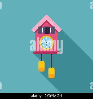 Pink cuckoo clock with swinging pendulum telling time on a green background Stock Vector