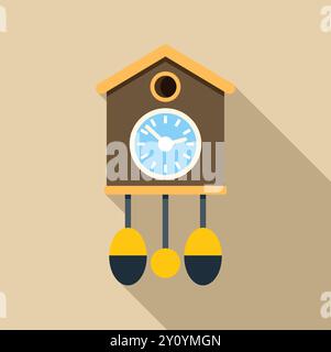 Cuckoo clock with bird house design striking twelve with long shadow on beige background Stock Vector