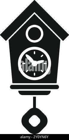 Black and white icon of a cuckoo clock hanging on a white background showing the time Stock Vector