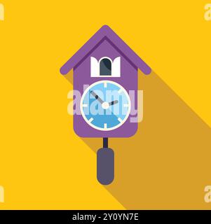 Purple cuckoo clock with swinging pendulum telling the current time in a minimalist flat design style Stock Vector