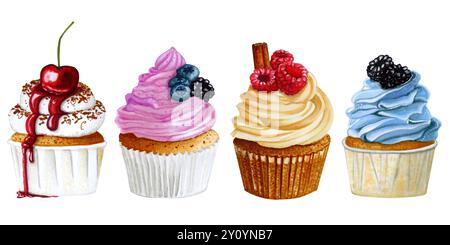 Set of watercolor cupcakes isolated on white background. Hand drawn ...