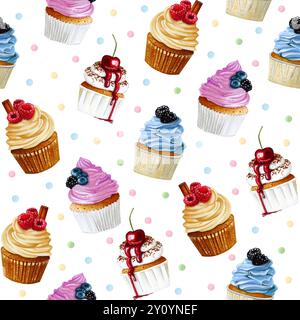 Sweet delicious watercolor pattern with cupcakes. Hand-drawn background Stock Photo