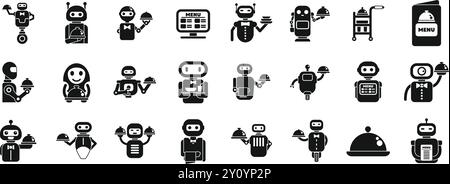 Robot waiter icons set. Robot food delivery service icons set in simple style. Restaurant chatbot icons collection Stock Vector