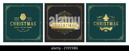 Christmas square banners vintage typographic design, ornate decorations symbols with winter holidays wishes, floral ornaments and flourish frames. Vec Stock Vector