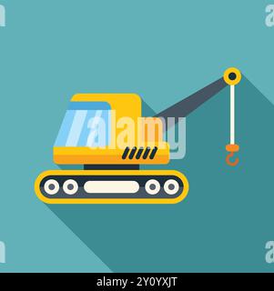 Minimalist vector illustration of a yellow crawler crane lifting with its hook, on a turquoise background with a long shadow Stock Vector