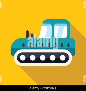 Minimalist vector illustration of a green crawler tractor excavator moving on a yellow background with a long shadow Stock Vector