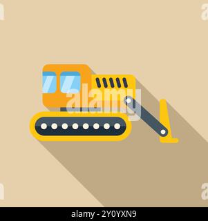 Yellow excavator digging with long shadow flat design icon on a beige background Stock Vector
