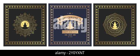 Christmas square banners vintage typographic design, ornate decorations symbols with winter holidays wishes, floral ornaments and flourish frames. Vec Stock Vector