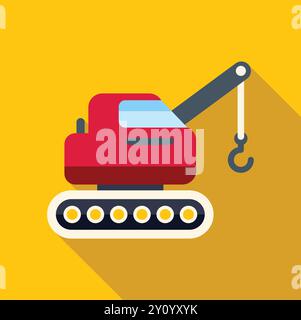 Minimalist vector illustration of a red crawler crane lifting with its hook, on yellow background with long shadow Stock Vector