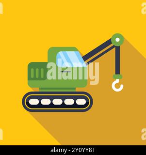Minimalist vector illustration of a crawler crane lifting with its hook extended, depicted on a vibrant yellow background Stock Vector