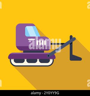 Purple excavator digging on a construction site, with its arm outstretched and a long shadow cast on the yellow background Stock Vector