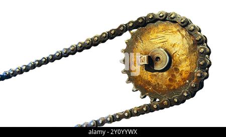 Close up view of a rusty and toothed chain on a white background, Isolated concept photo of worn, weathered and symbolizing durability Stock Photo