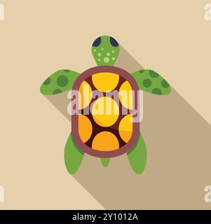 Simple and colorful vector illustration of a green sea turtle swimming, viewed from above with a long shadow Stock Vector