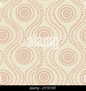 Abstract Terracotta boho Tribal  dotted lines in oval shapes seamless pattern  on beige background. For wallpaper, textile and home décor Stock Vector