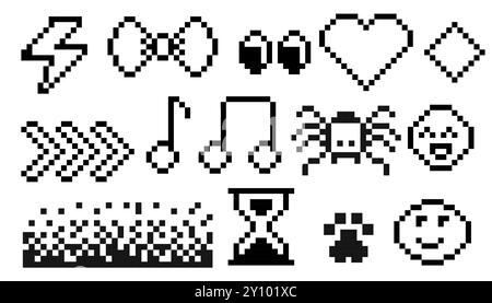Pixxel y2k trendy elements. 8 bit groovy stickers, borders, decorations. Sandglaa, smile on face, cute paw, geometric shapes pixel art. Emoji retro. Vector illustration Stock Vector