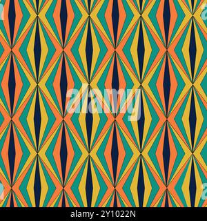 Vintage Geometric Colorful Diamond shapes seamless pattern in orange, teal , yellow and black. For web background, wallpaper, home décor and fabric Stock Vector