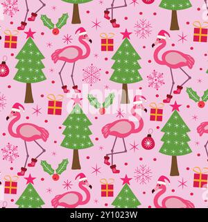 Christmas Flamingo seamless pattern with Christmas tree , snowflakes , holly leaves and ornaments on light pink background. For Christmas wrapping pap Stock Vector