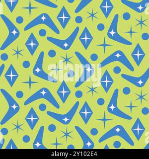 Mid century modern blue boomerang seamless pattern with diamonds and starbursts on yellow background. For wallpaper, home décor and textile Stock Vector