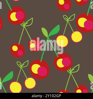 Cherry seamless pattern, red green on black background, botanical outline vector illustration. Graphic design for background, packaging, textile, bann Stock Vector