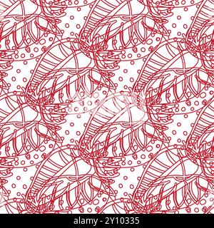 Strawberry seamless pattern, red line art on white background, botanical outline vector illustration. Graphic design for background, packaging, textil Stock Vector