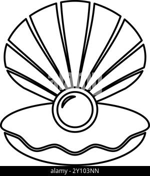 Pearl in seashell shell with pearlized inside open contour outline line icon black color vector illustration image thin flat style simple Stock Vector