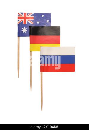 Small paper flags of Russia, Australia and Germany isolated on white Stock Photo