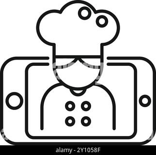 Chef on smartphone screen icon, online cooking class concept, mobile ordering food thin line vector illustration Stock Vector