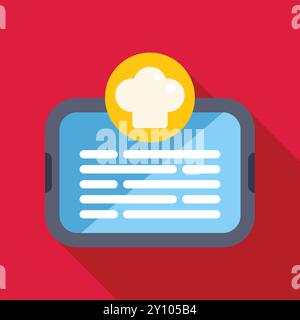 Online cooking course app displaying recipe on tablet screen with chef hat icon, culinary education concept Stock Vector