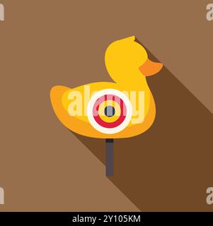 Yellow toy duck standing with target aiming point on brown background, simple vector illustration in flat style Stock Vector