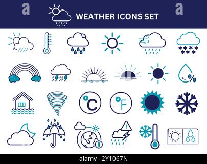 Weather Icon Set Editable. sunrise, rain, wind, snow, cloud, rainbow, humidity, winter, spring, Vector illustration. Stock Vector