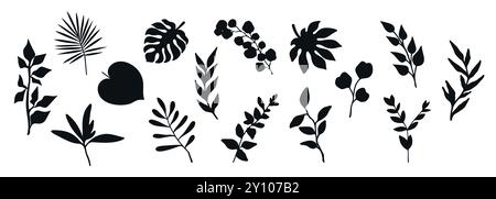 Collection of plant silhouettes. Branches, leaves and botanical elements isolated on white background. Vector illustration Stock Vector