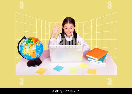 Composite photo collage of happy schoolgirl wave hand macbook elearn desk supplies education online concept isolated on painted background Stock Photo