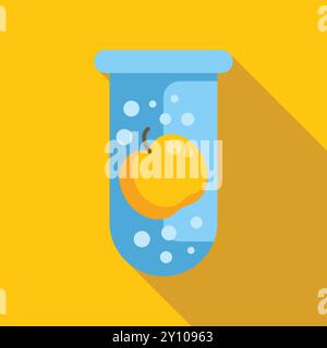Illustration of a yellow apple submerged in blue liquid inside a test tube, in a flat design style with long shadow Stock Vector