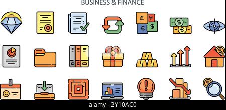 Business And Finance Icons set. Dimond, exchange, document, file, folder, eye, gift, gold, growth, house, inbox, lightbulb, laptop, loupe Stock Vector