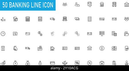 Banking Line Icons set. account, business, capital, cash, checklist, clients, Check, currency,  dollar, id card, locker, money, percentage, team, don Stock Vector