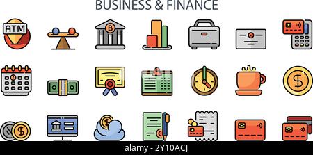 Bank And Finance Icons Set. ATM, balance, bar chat, briefcase, business card, calculator, Calendars, cash, certificate, clipboard, clock, coffee, coin Stock Vector