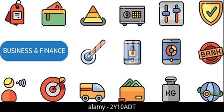 Business And Finance Icons set. price tag, purse, pyramid, Safe box, setting, shield, signature, smartphone, stamp, taking, target, truck, wallet Stock Vector