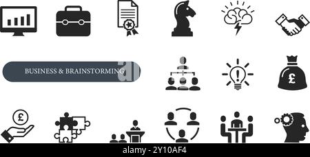 Business And Brainstorming Icons set. analytics, briefcase, Certificate, chess, electric, handshake, hierarchy map, idea, money, payment, puzzle. Stock Vector