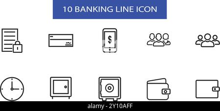 Banking Line Icons set. saving, secure , sign, smart payment, team, vault, wallet. Vector Illustration Stock Vector