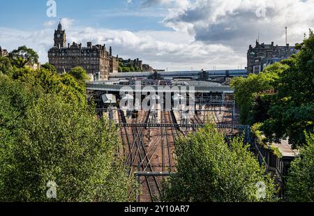 View of railway train tracks, Waverley station, Edinburgh, Scotland, UK Stock Photo