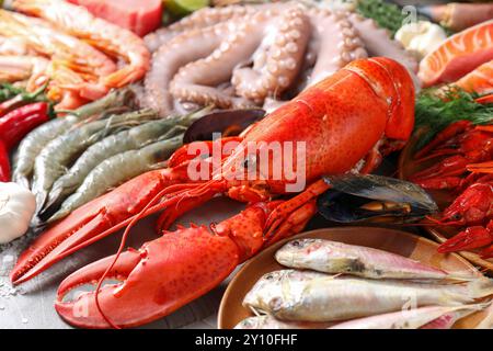 Many different sea food on grey table, closeup Stock Photo