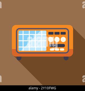 Orange vintage radio casting a long shadow over a brown background Stock Vector