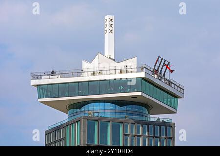 Amsterdam, Netherlands - May 16, 2018: Thrill Ride Swings at Top of Modern Skyscraper Adam Tower Lookout Tourist Attraction Multi Space at Overhoekspl Stock Photo