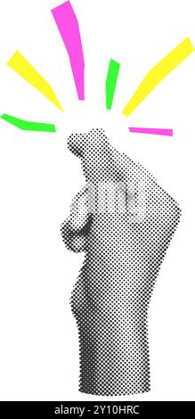 Finger snap gesture halftone collage sticker vector illustration Stock Vector