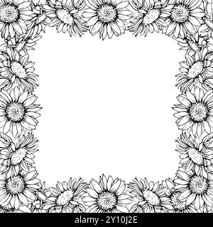 Square Sunflowers Frame with space for text. Vector illustration Graphic Flowers Pen and Ink Drawing on white background. Botanical engraving design Stock Vector