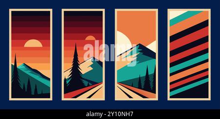 Retro futuristic elements vector minimalistic Posters set of 4 with silhouette basic figures, graphic elements of geometrical shapes composition. Stock Vector