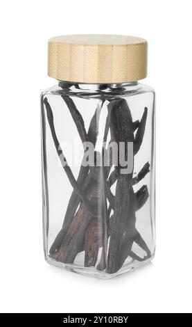 Vanilla pods in glass jar isolated on white Stock Photo